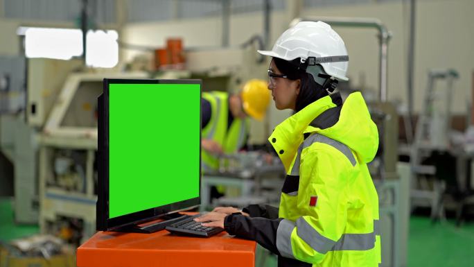 女工业工程师使用带有绿色屏幕显示器的电脑