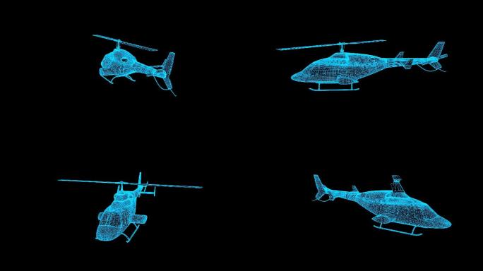 蓝色线框全息科技直升机带通道