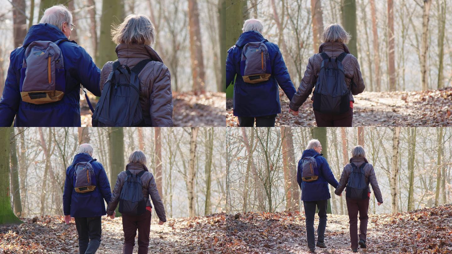 老年背包客冬季在森林里徒步旅行