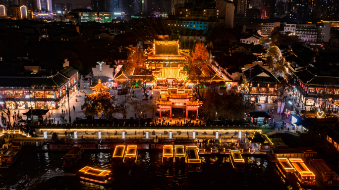 南京秦淮河夫子庙夜景航拍4K素材