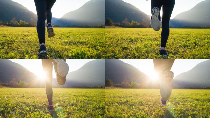 在绿色草地上奔跑健康生活方式锻炼