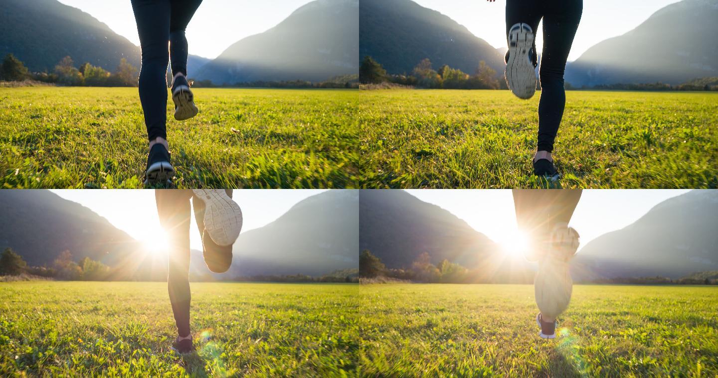 在绿色草地上奔跑健康生活方式锻炼