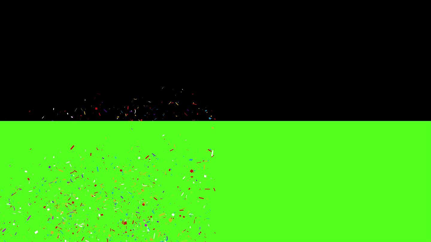 五彩纸屑枪弹爆炸落下的绿色屏幕动画。