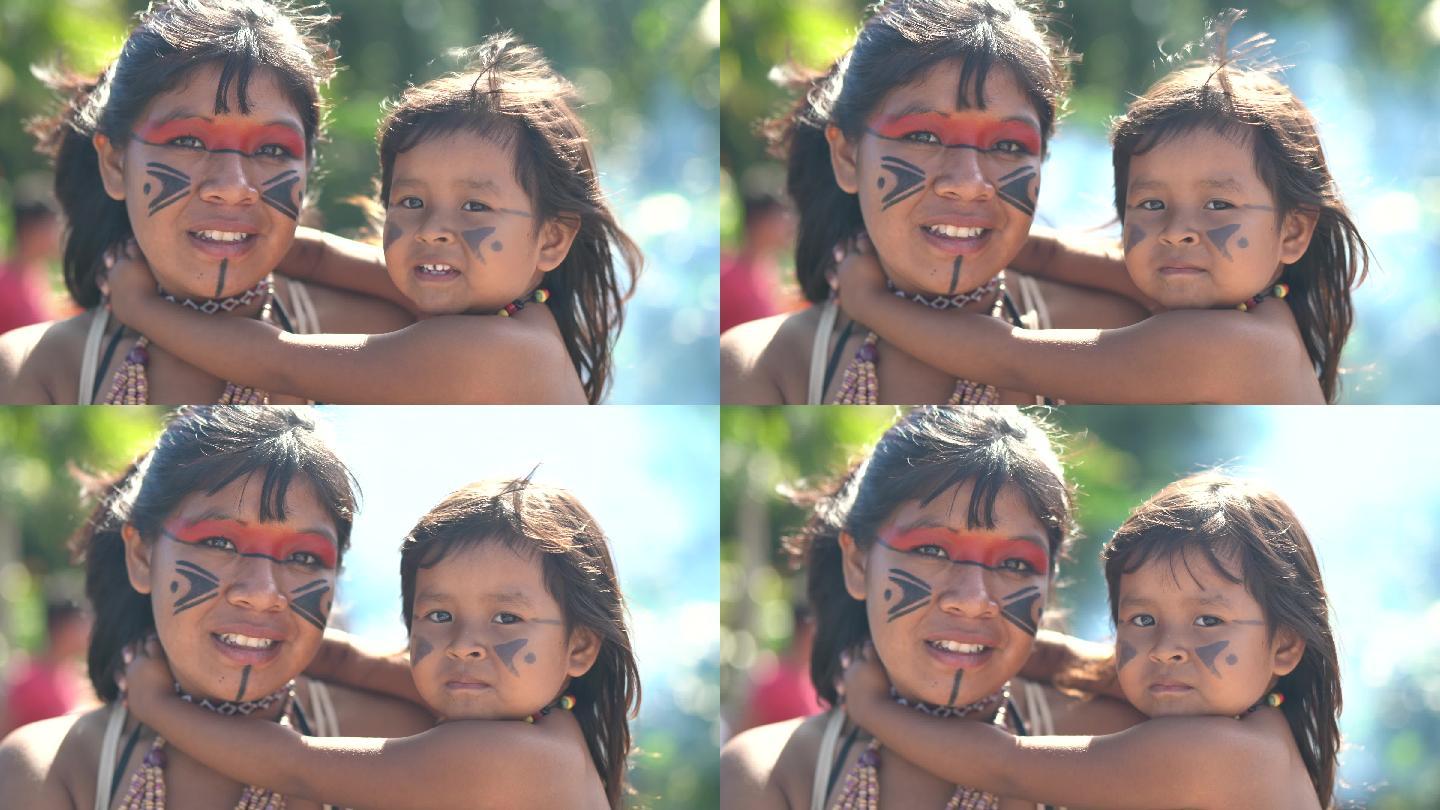 土著巴西年轻妇女和孩子