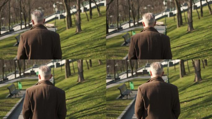 老人在公园散步的后视图