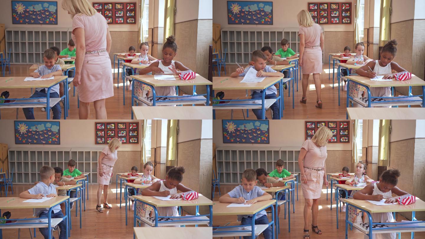 小学生在学校考试学校培训班桌椅月考