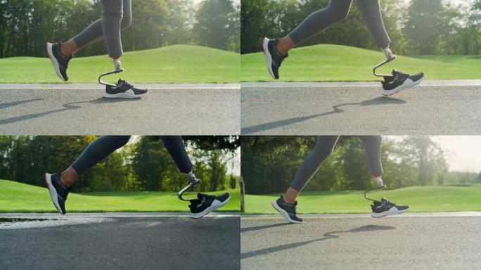 带假肢的慢跑者在路上做有氧运动