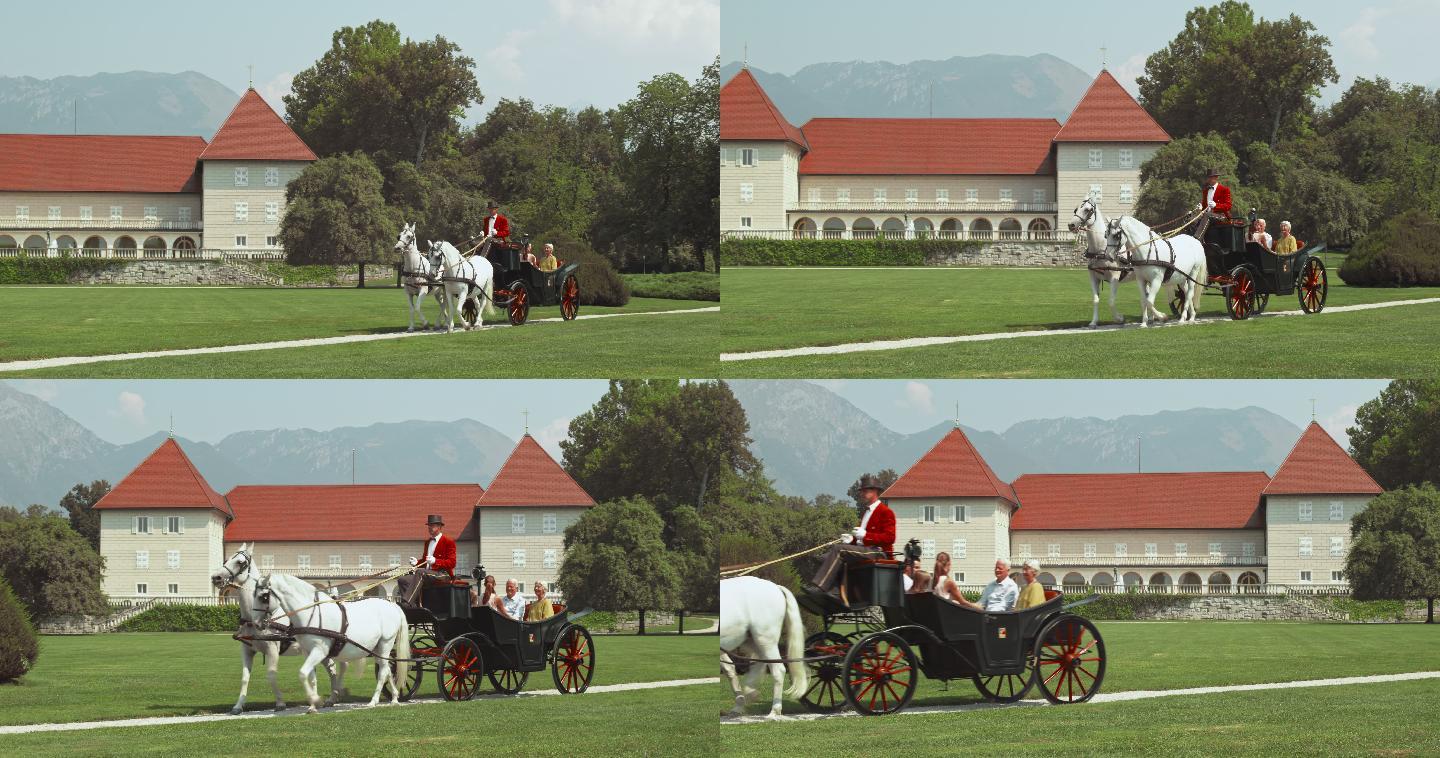 一家人在城堡公园乘坐马车