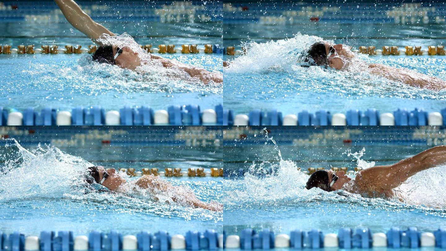 在游泳的男人慢动作升格镜头泳道水花