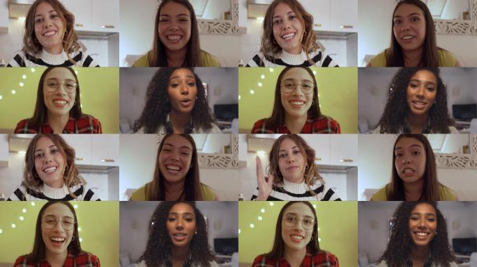 四名年轻女性使用视频会议技术与朋友联系