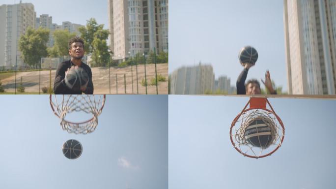 男子篮球运动员将球扔进篮筐的特写镜头