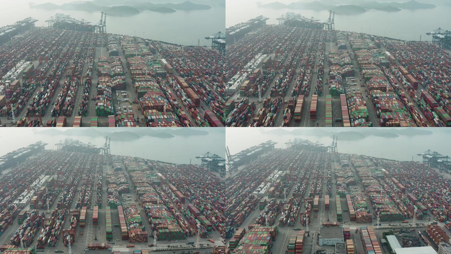 繁忙港口集装箱的无人机视图