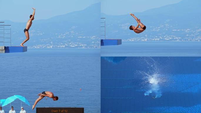男子跳水运动升格慢动作慢镜头缓慢户外高台