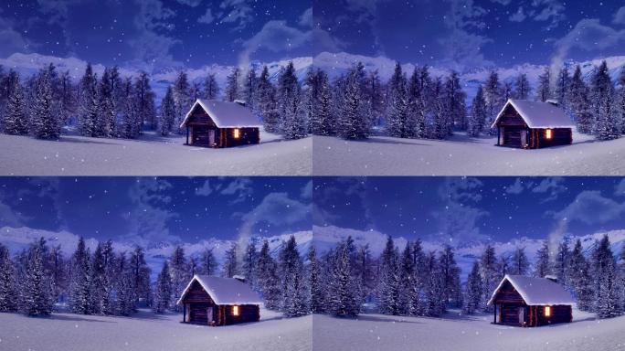 雪夜孤山小屋雪夜林中小木屋浪漫唯美雪景温