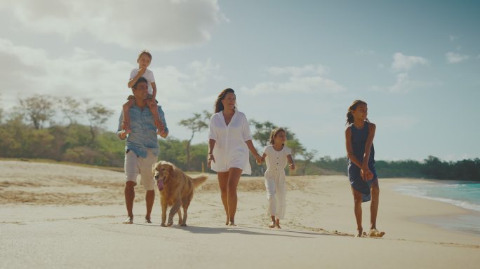 快乐的家庭和金毛寻回犬在海滩上散步