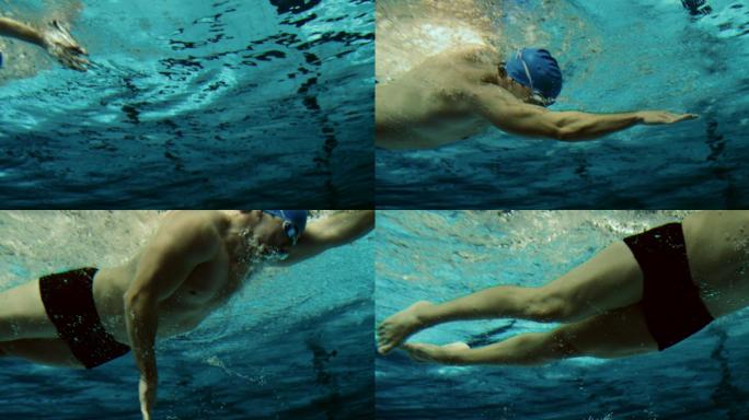 游泳池中游泳运动员的水下镜头