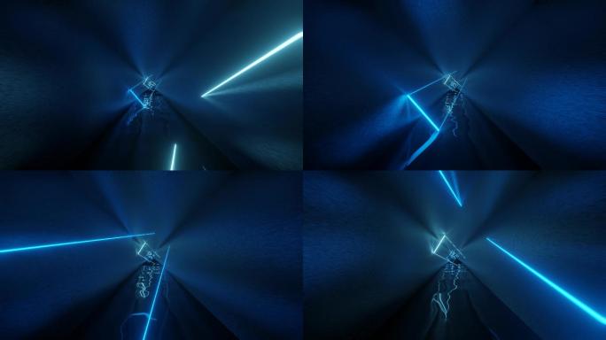 金属隧道内的3d渲染蓝色霓虹灯。