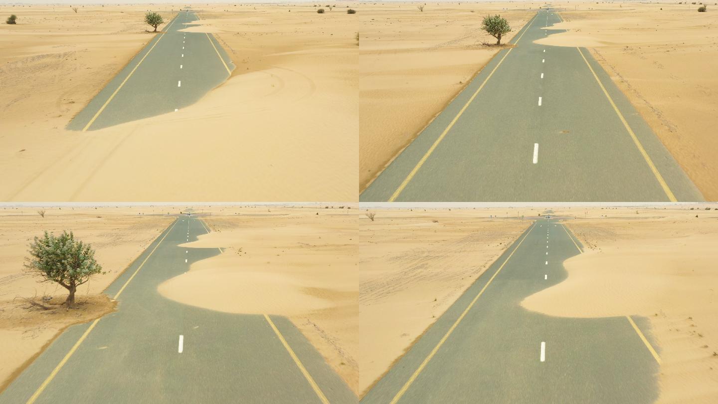 迪拜沙漠中部的沙丘覆盖着一条荒芜的道路
