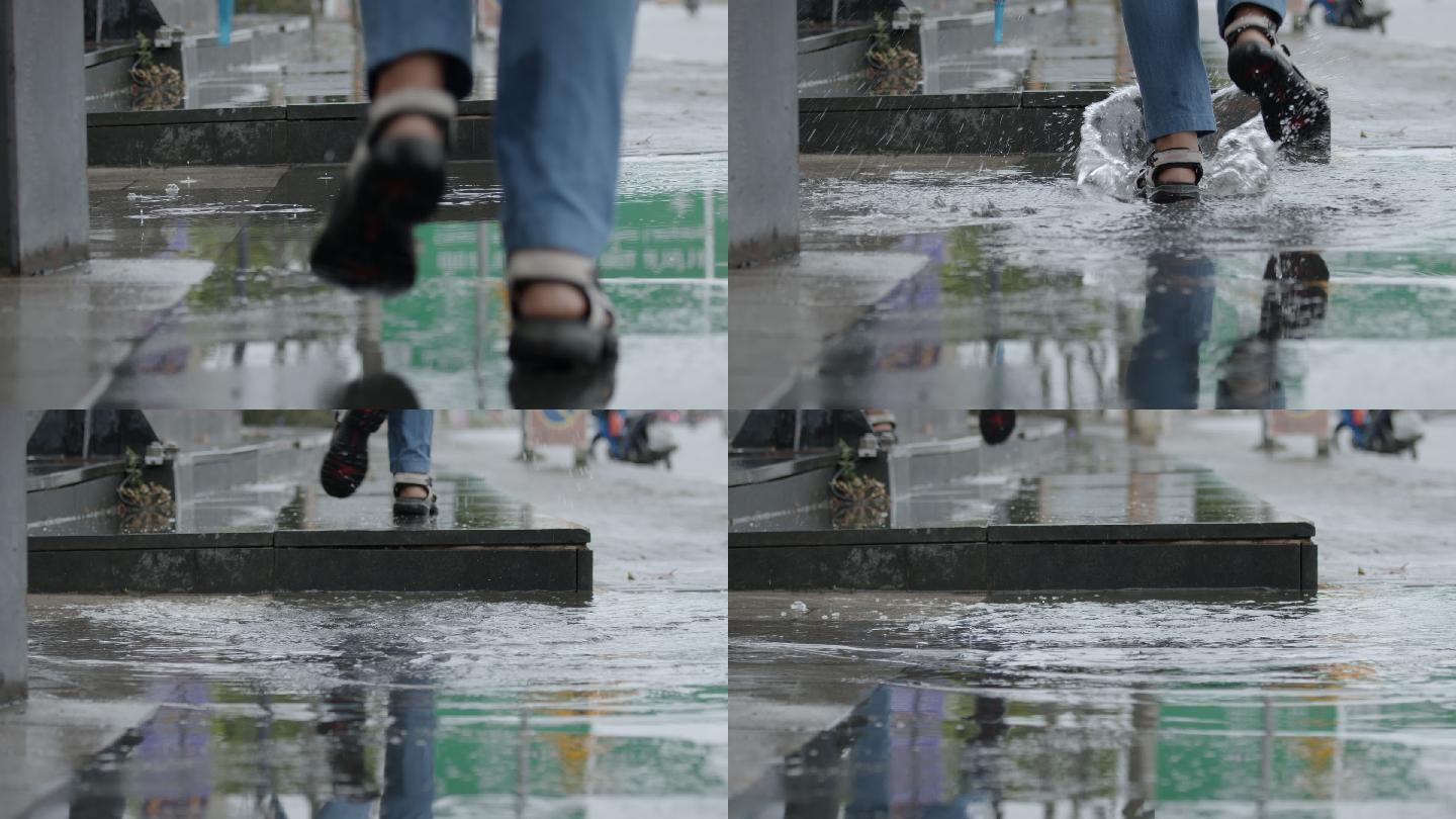 雨天，女人在水坑里跑的慢动作，水花飞溅。
