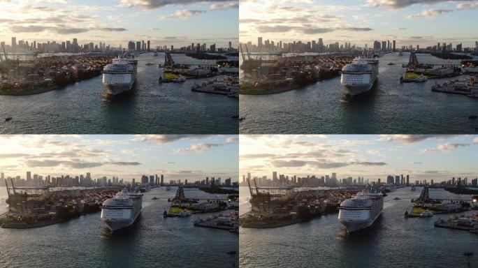巨大的游轮在日落时离开迈阿密港，美国