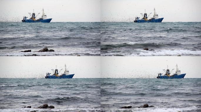 带渔具的渔船出海打渔实拍视频海洋大海