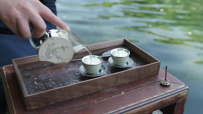 【4k】银器茶具河边拍摄