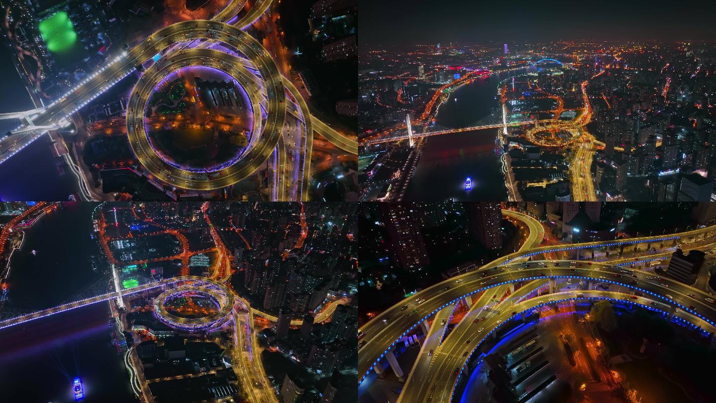 4K航拍上海南浦大桥夜景深夜车流