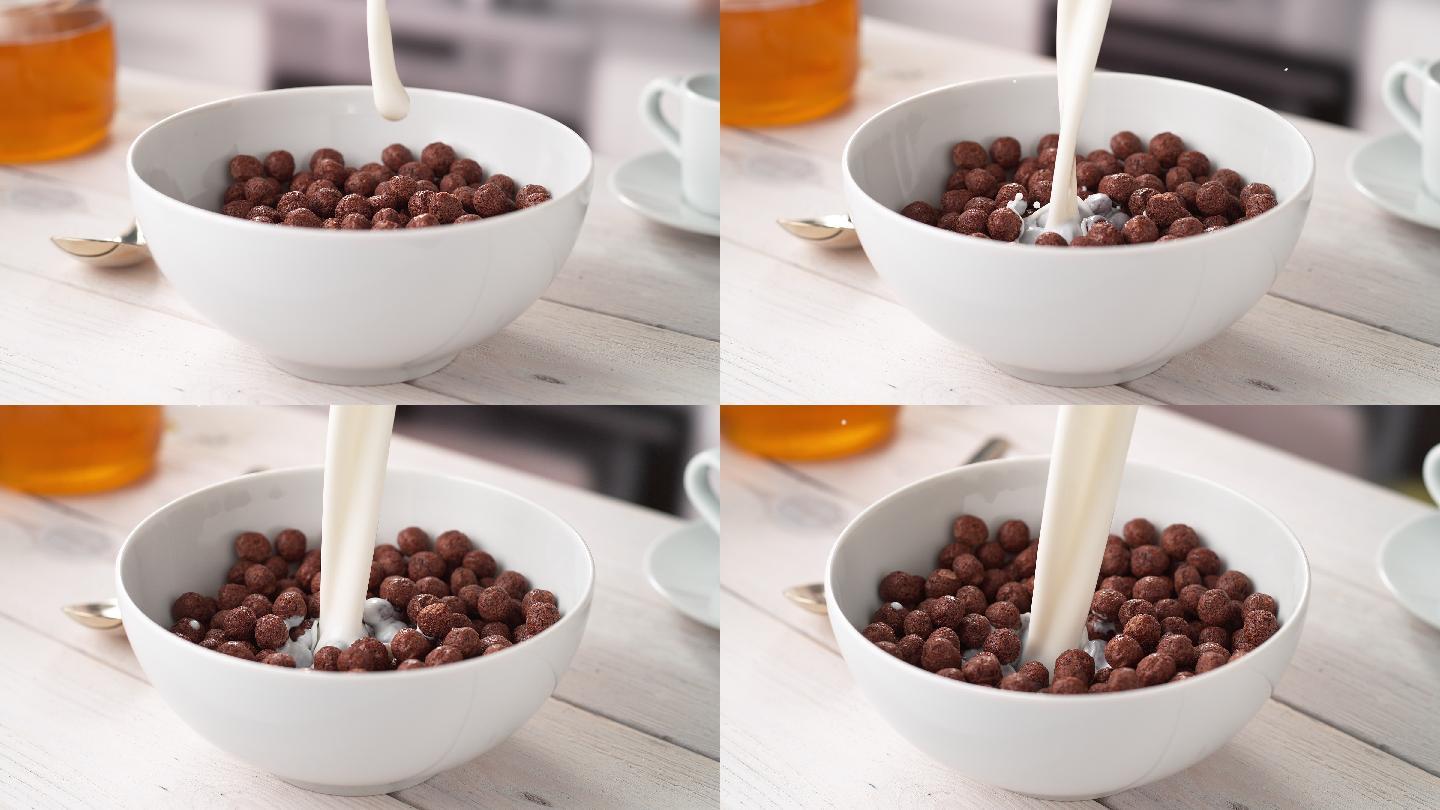 将牛奶缓慢倒入装满巧克力球状谷物的碗中