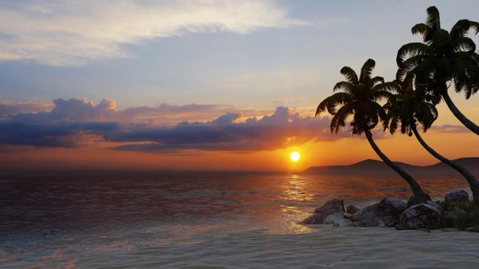 夕阳海边沙滩椰树度假