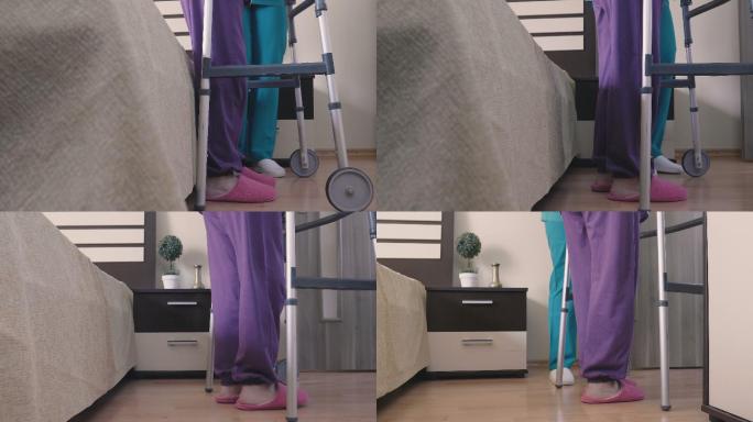 护理助理教老年残疾妇女如何使用助行器行走