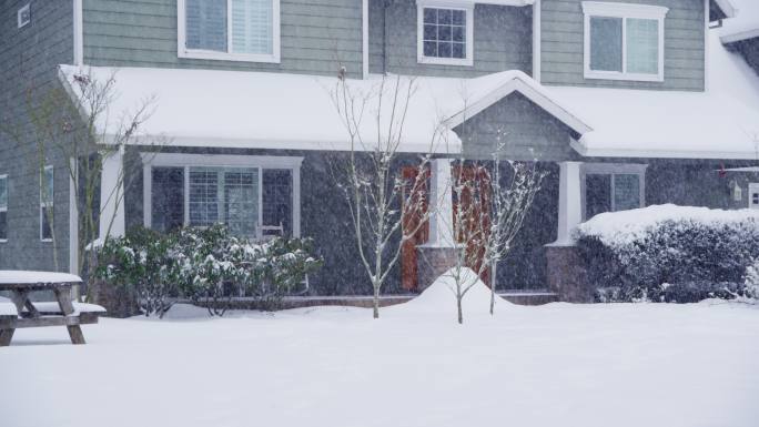暴风雪中的家冬季雪花下雪雾凇风景