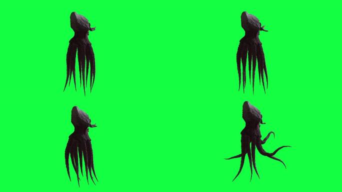 绿色屏幕上怪物章鱼的3d动画