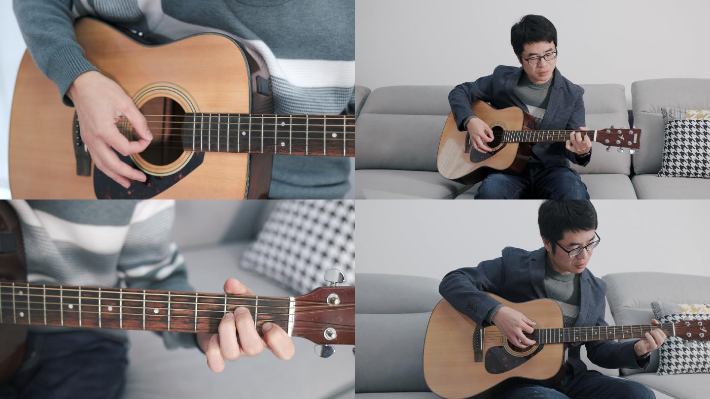 4K年轻男性在家中坐沙发上弹吉他