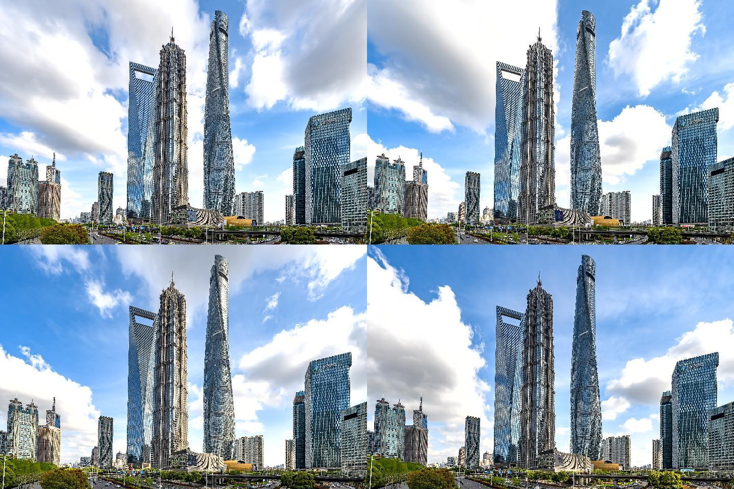 上海陆家嘴三件套蓝天白云城市延时摄影