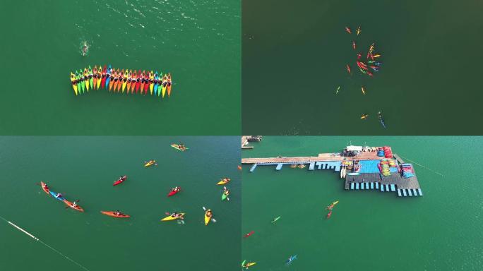 航拍北京市平谷区金海湖皮划艇 皮划艇比赛
