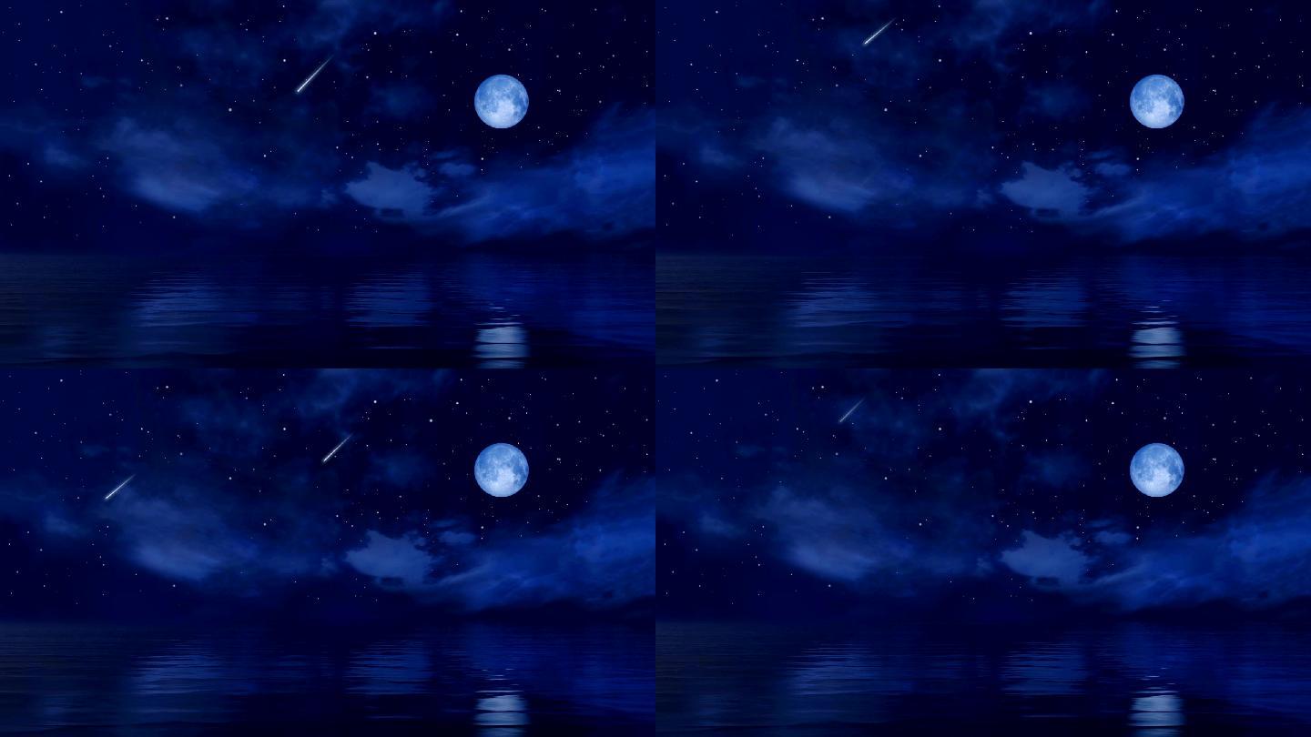 平静夜晚海面上的满月和流星