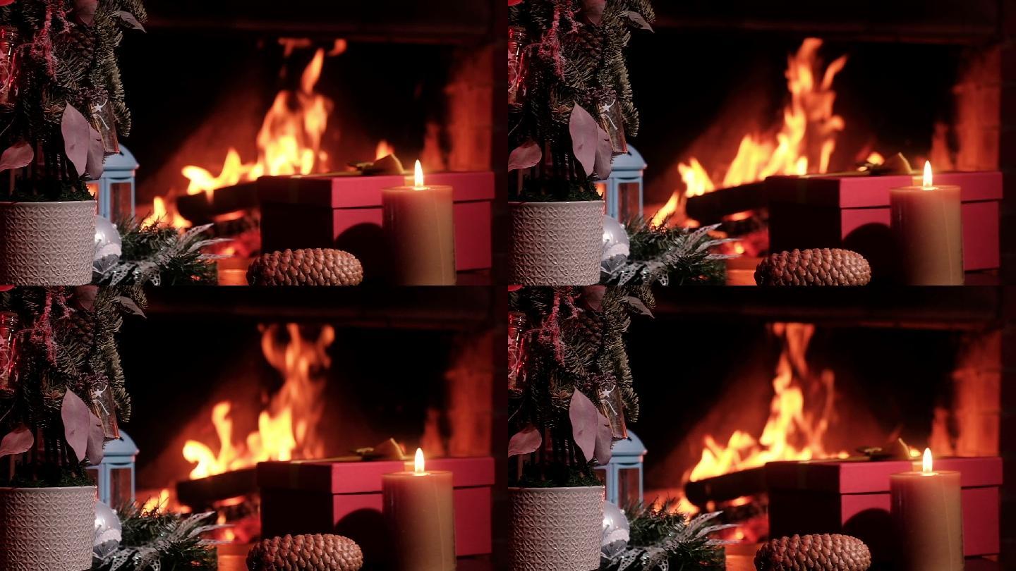 壁炉带火焰桌人造圣诞树礼品红盒和蜡烛