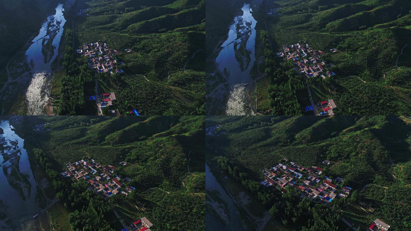 4K航拍山下河边的小村庄