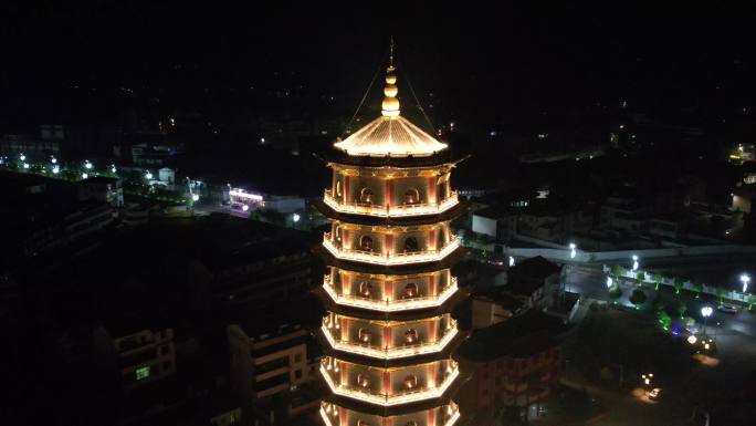 江西抚州正觉寺夜景航拍素材