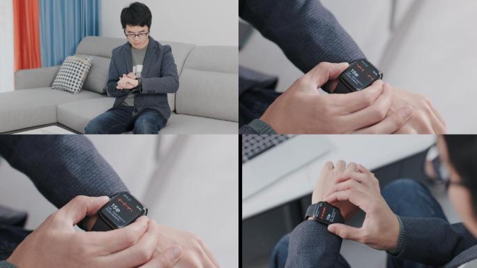 4K年轻男性坐沙发上用智能手表测量心电图