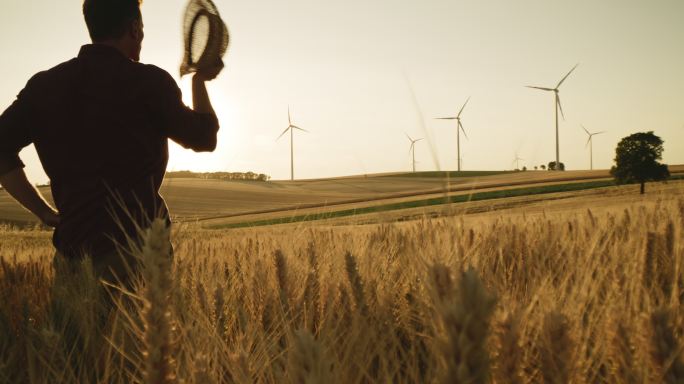 农民在麦田中间看风力涡轮机