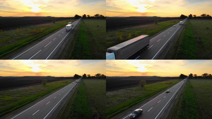 空中无人机视图：半卡车在公路上运送货物时会合。