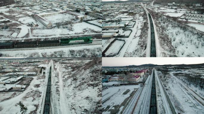 无人机空中拍摄北方小镇进站的火车
