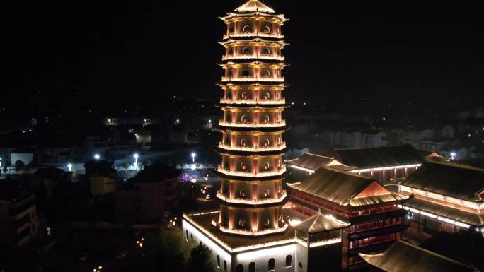 江西抚州正觉寺夜景航拍素材