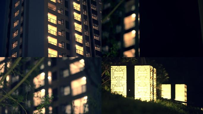 傍晚唯美城市高楼建筑亮灯、草坪灯视频素材