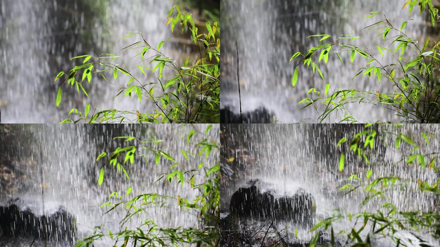 自然意境山泉瀑布滴落翠绿竹叶飘摇
