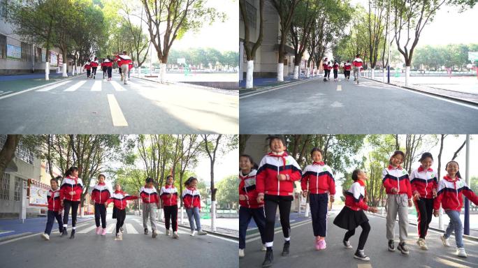 实拍一群女生在校园中行走