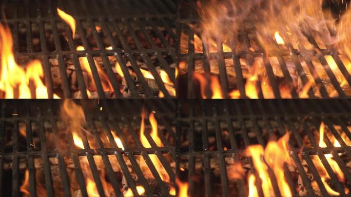 明火燃烧的木炭烤架