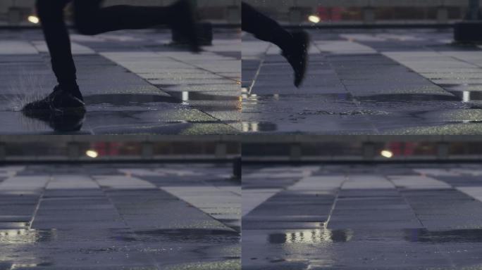 一个男子在雨中奔跑