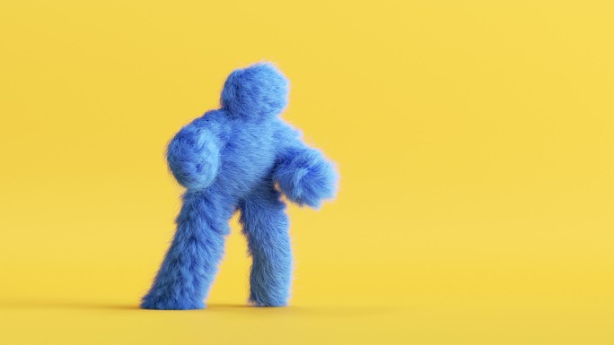 蓝色毛茸茸的3d卡通人物在黄色背景上跳舞